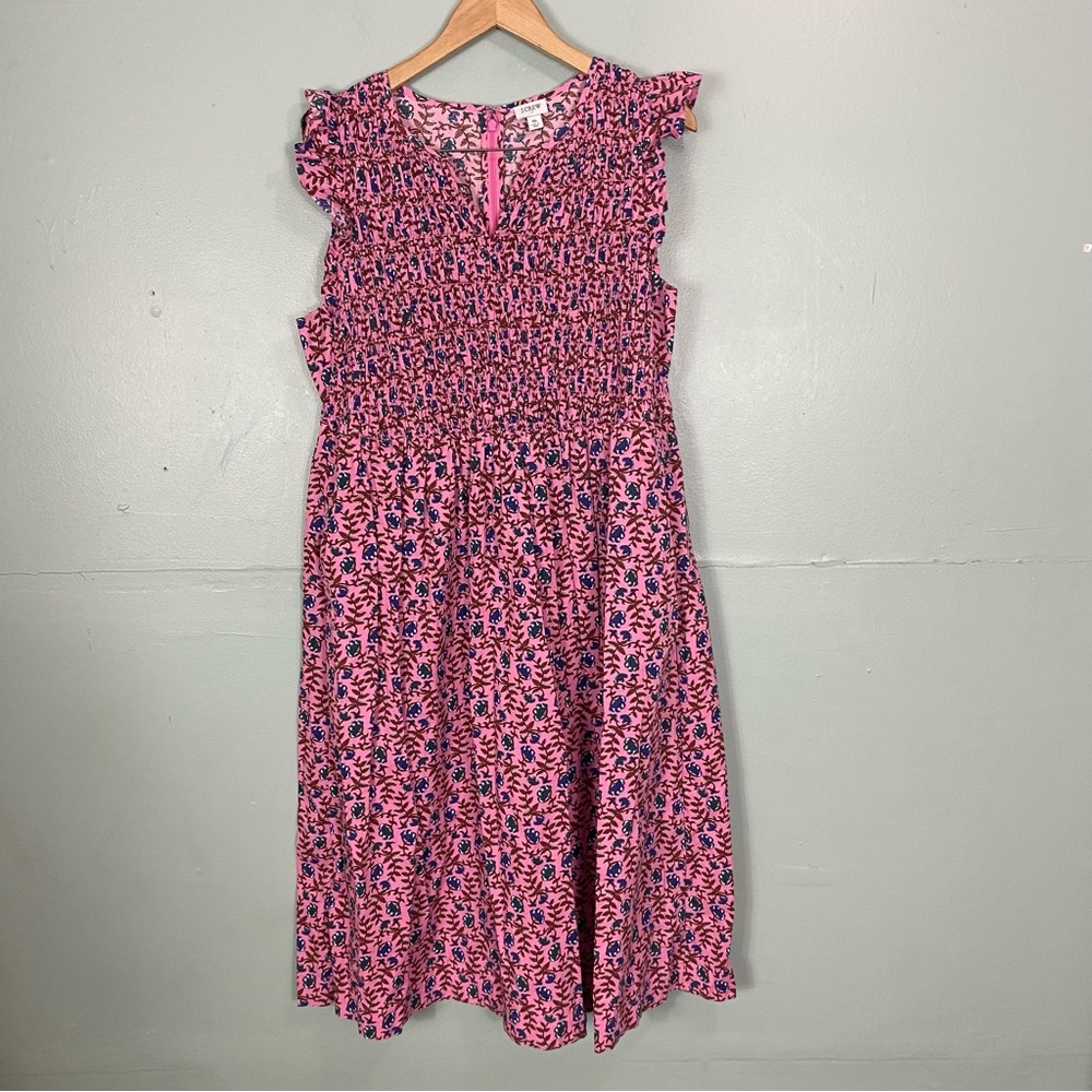J Crew Factory Smocked Flutter Sleeve Midi Dress Pink Floral Sundress XL BT114‎